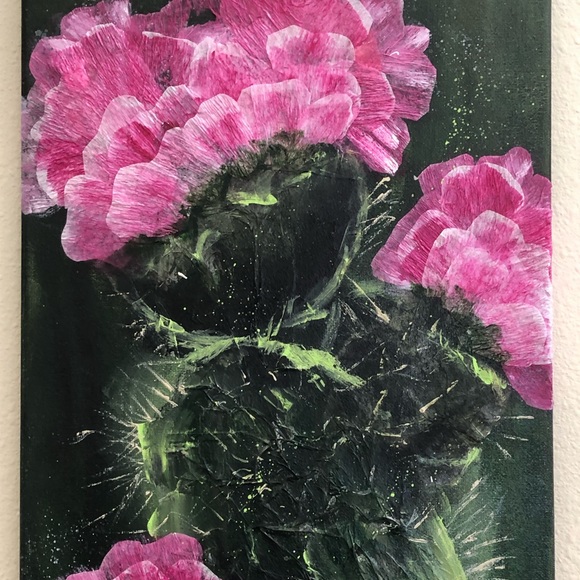 Pink cactus in bloom, acrylic collage painting, 10” x 20” - Picture 2 of 8
